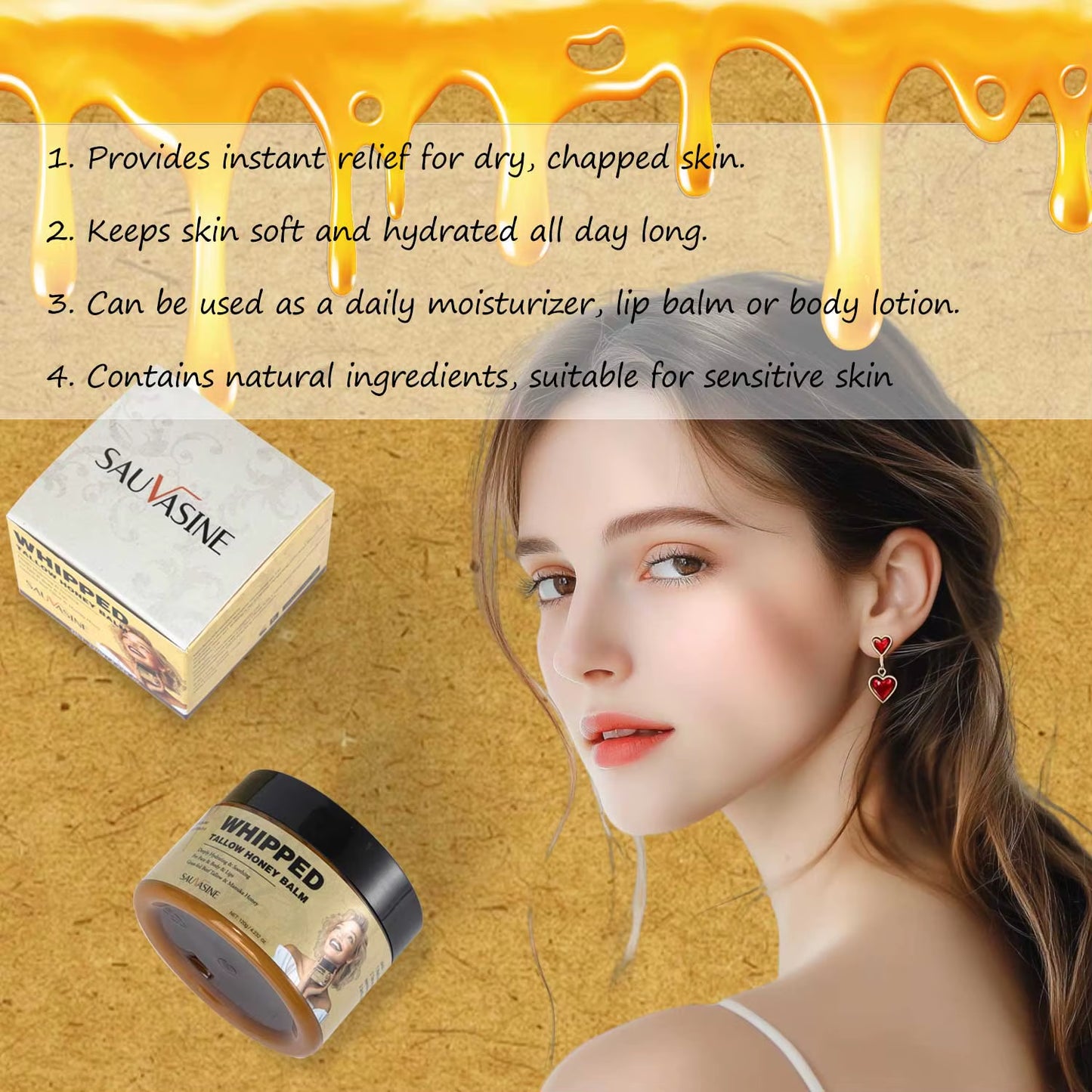 120G Whipped Tallow Honey Balm Skin Moisturizing Grass Fed Beef Tallow Wild Honey Whipped Moisturizer Cream for All Skin Types