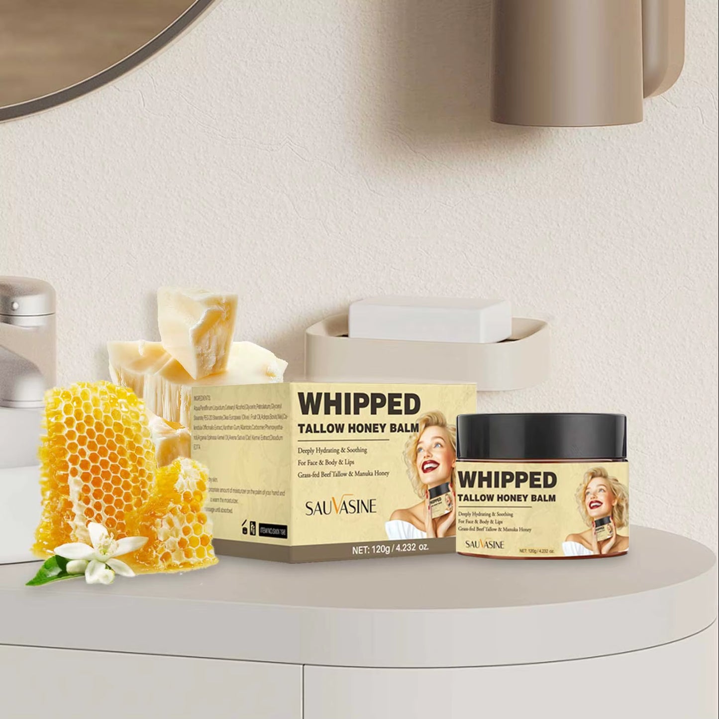 120G Whipped Tallow Honey Balm Skin Moisturizing Grass Fed Beef Tallow Wild Honey Whipped Moisturizer Cream for All Skin Types