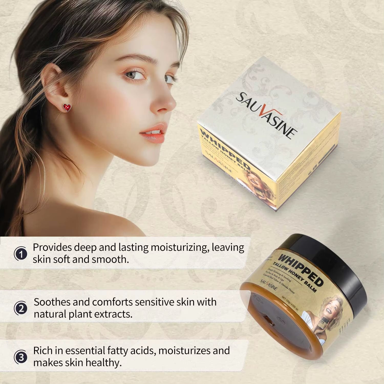 120G Whipped Tallow Honey Balm Skin Moisturizing Grass Fed Beef Tallow Wild Honey Whipped Moisturizer Cream for All Skin Types