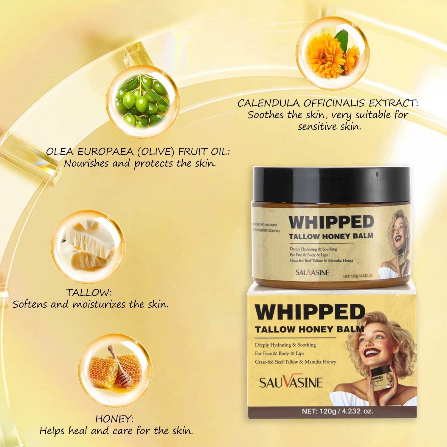 120G Whipped Tallow Honey Balm Skin Moisturizing Grass Fed Beef Tallow Wild Honey Whipped Moisturizer Cream for All Skin Types